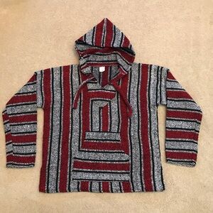 Mexican Blanket Sweater Baja Hoodie Size M Red Grey Outerwear Made In Mexico